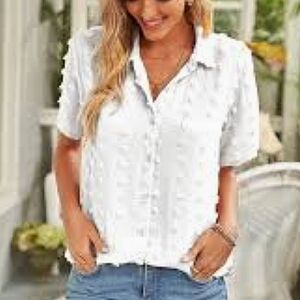 💜5/$25 White Sheer Swiss Dot Button Down Short Sleeve Blouse Top Large